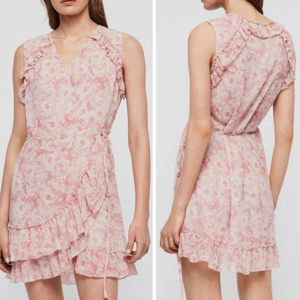 AllSaints Priya Pink Floral Wrap Dress